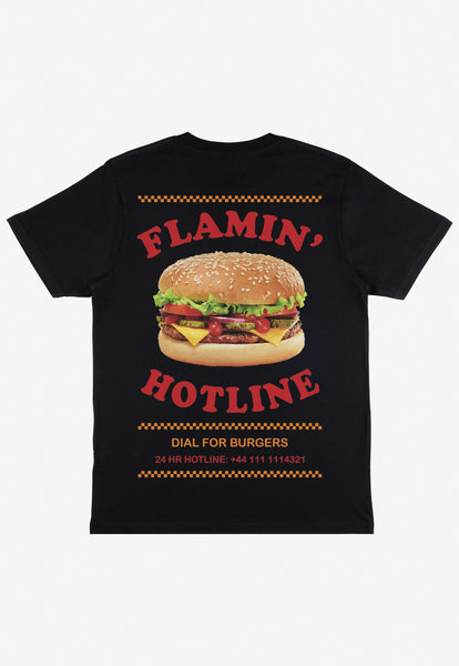 Black printed food merch t shirt with statement back print showing giant photographic burger and Flaming Hotline, Dial for Burgers slogan