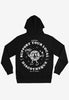 relaxed black printed hoodie with large back logo featuring dancing disco ball character and support your disco slogan in white 