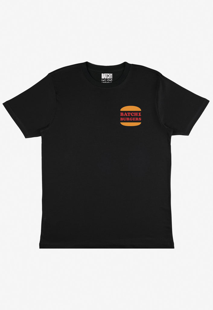 Black t-shirt with small Batch1 Burgers logo printed front left chest