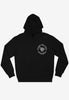 relaxed black hoodie with small disco ball logo in white print on front left chest