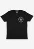 black unisex fit t shirt with small disco ball logo in white print on front of shirt 