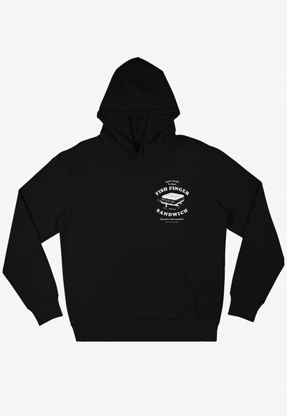 black hoodie with fish finger logo print in vintage merch style