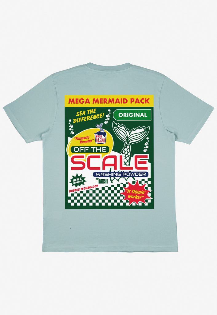 pastel green t shirt with large bold back print graphic showing mermaid inspired washing powder box