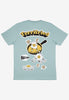 Green t-shirt with large back print featuring vintage style fried egg graphics and Terrifried slogan