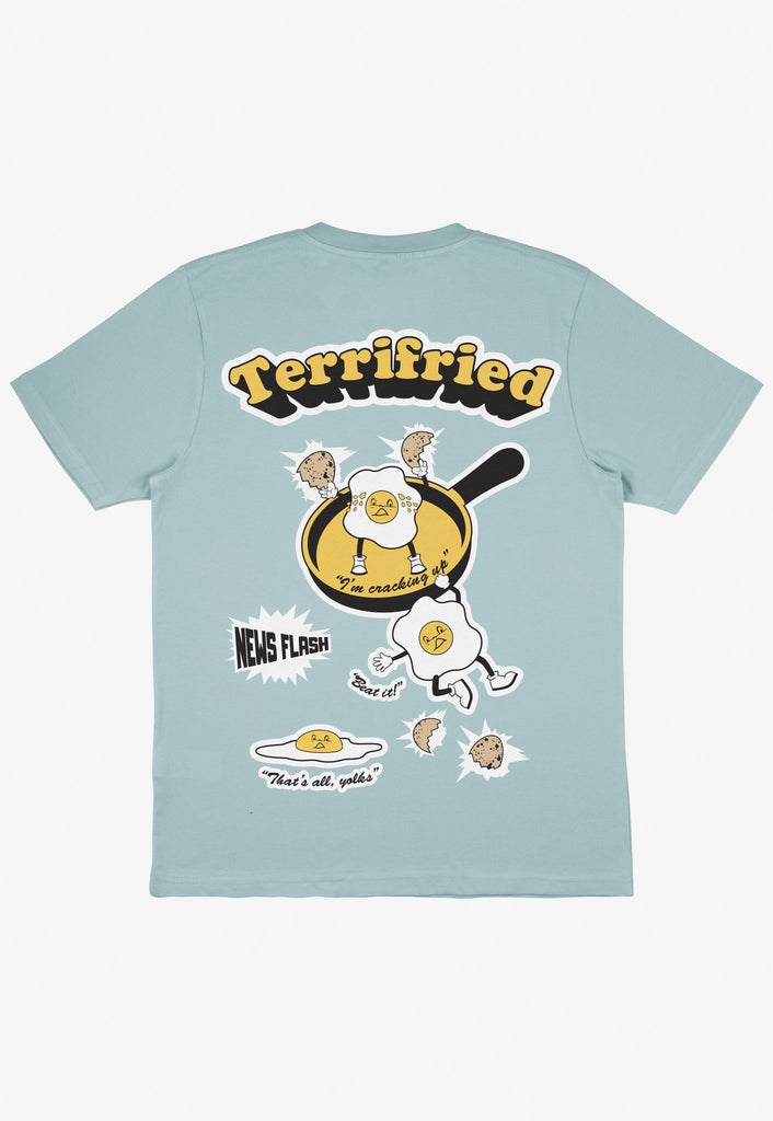 Green t-shirt with large back print featuring vintage style fried egg graphics and Terrifried slogan