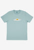 green t-shirt with small fried egg character logo print in centre