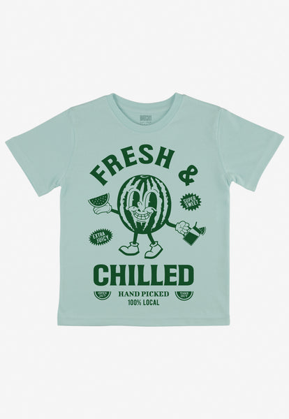 template image of children's t-shirt with cute watermelon character and slogan 'fresh and chilled' in green for summer 