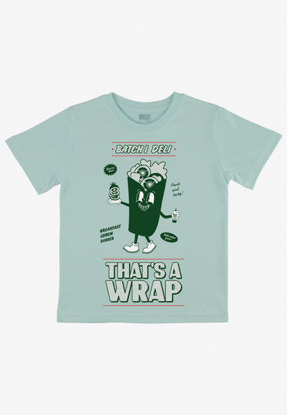children's green t-shirt with deli wrap character print and that's a wrap slogan