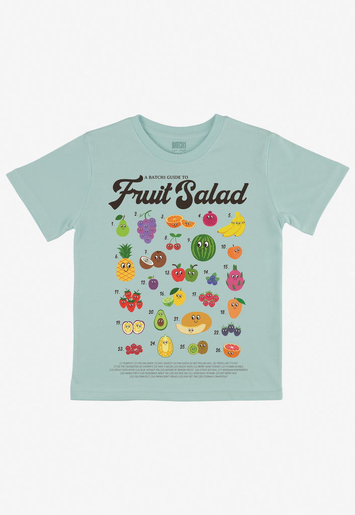 cute children's pink t-shirt with dusty green fruit characters for summer