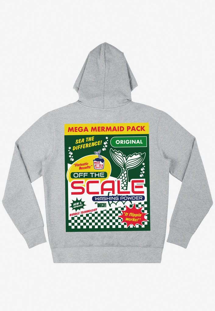 grey hoodie with large bold back print graphic showing retro style washing powder box graphic
