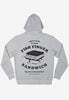 Flatlay of fish finger sandwich character slogan large back print hoodie in grey