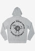 grey unisex hoodie with large back logo featuring disco ball character and disco slogan printed in black