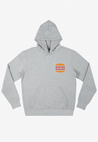 Grey hoodie with small Batch1 Burgers logo printed front left chest