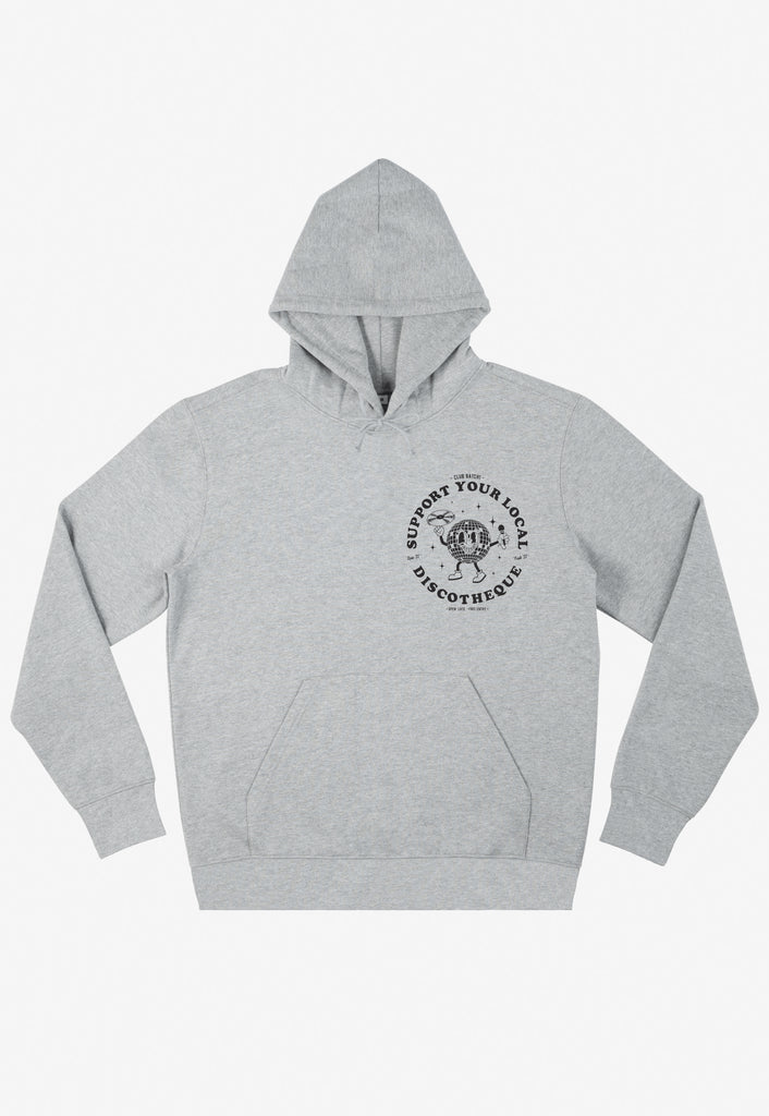 relaxed unisex grey hoodie with small disco ball logo printed in black on front left chest