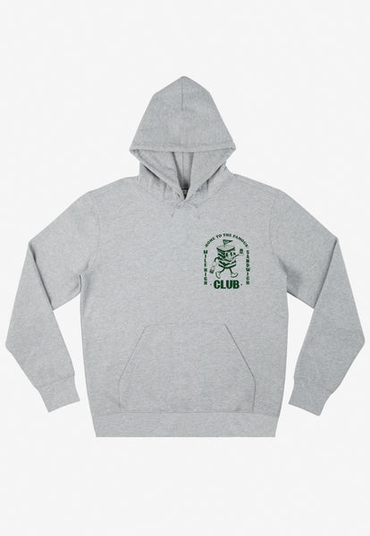 grey hoodie with small front logo of club sandwich character graphic