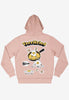 hoodie in pastel peach with large graphic back print showing vintage style fried egg characters and Terrifried slogan