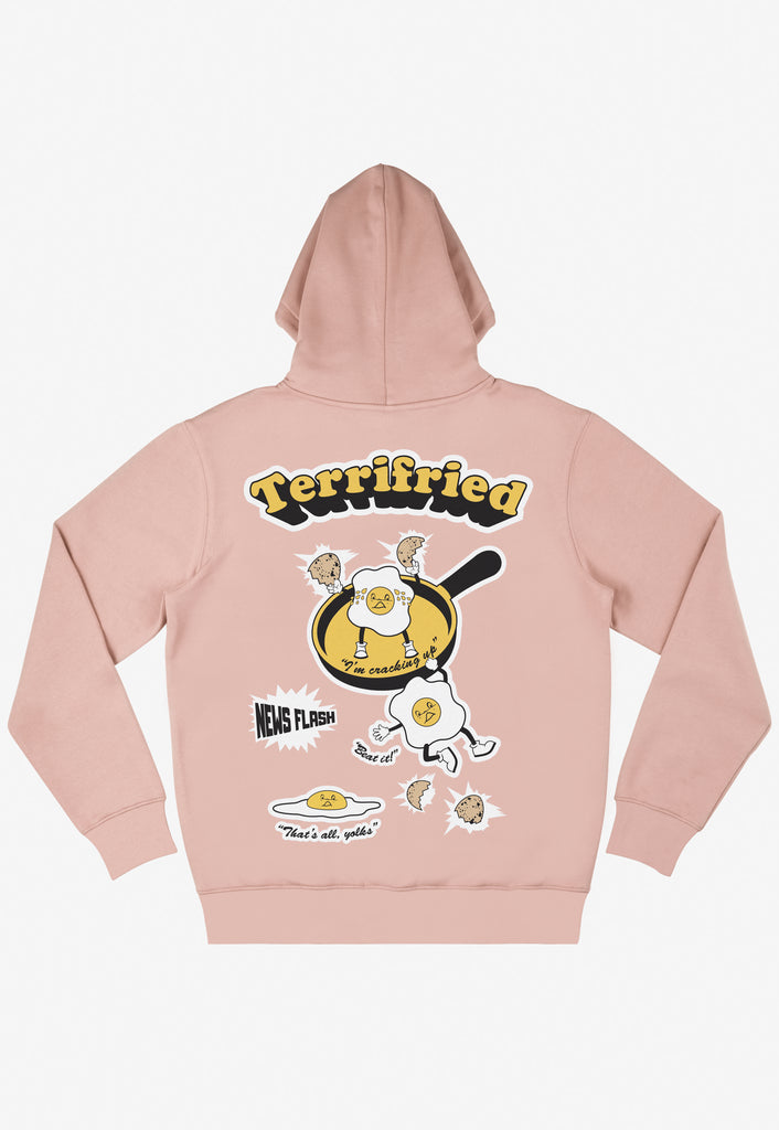 hoodie in pastel peach with large graphic back print showing vintage style fried egg characters and Terrifried slogan