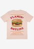 Pastel peach printed food merch t shirt with statement back print showing giant photographic burger and Flaming Hotline, Dial for Burgers slogan