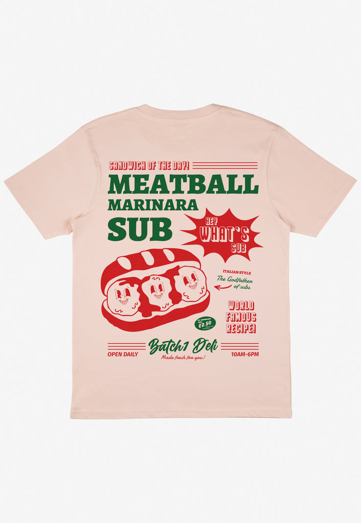peach coloured t shirt with large back print with meatball sub sandwich poster print in red and green
