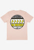 Pastel peach t-shirt with large back print Ripe Records logo showing dancing bananas and 90s style rave flyer graphics