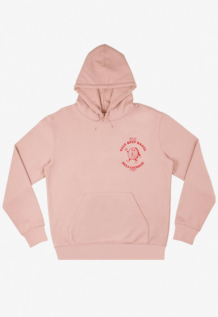 unisex hoodie in neutral peach with printed salt beef bagel logo and character printed front left chest