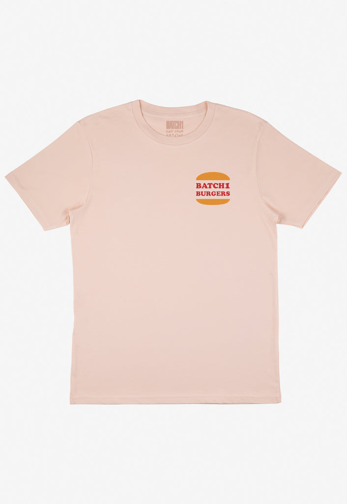 Peach t-shirt with small Batch1 Burgers logo printed front left chest