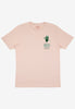 pastel peach t shirt with small Batch1 Deli logo print to front left chest with vintage style wrap sandwich character
