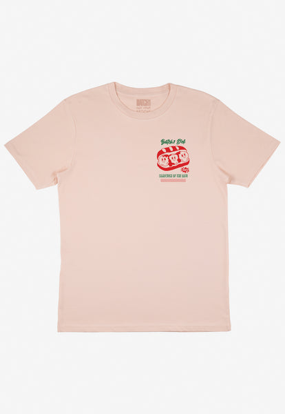 crew neck beige t shirt with new york deli meatball sub logo print front left chest