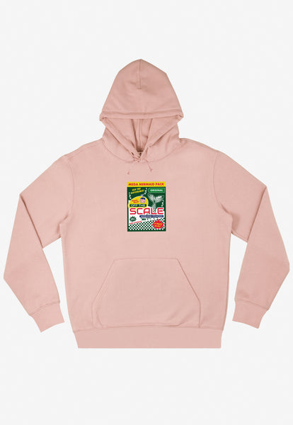 peach coloured hoodie with front logo print of retro mermaid washing powder graphic