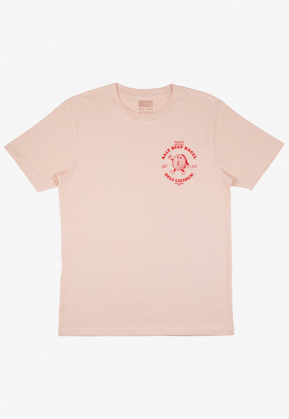 flatlay showing unisex peach t shirt with small front logo featuring bagel character logo in red print