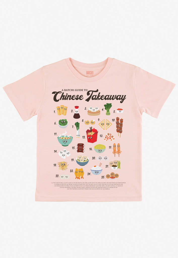 children's pastel peach printed t-shirt with cute food characters in an illustrated guide to Chinese Takeaway