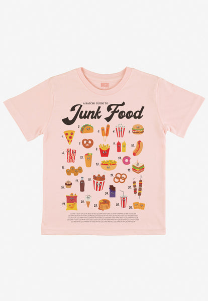 kids pastel peach t-shirt with printed guide to junk food and cute illustrated food characters