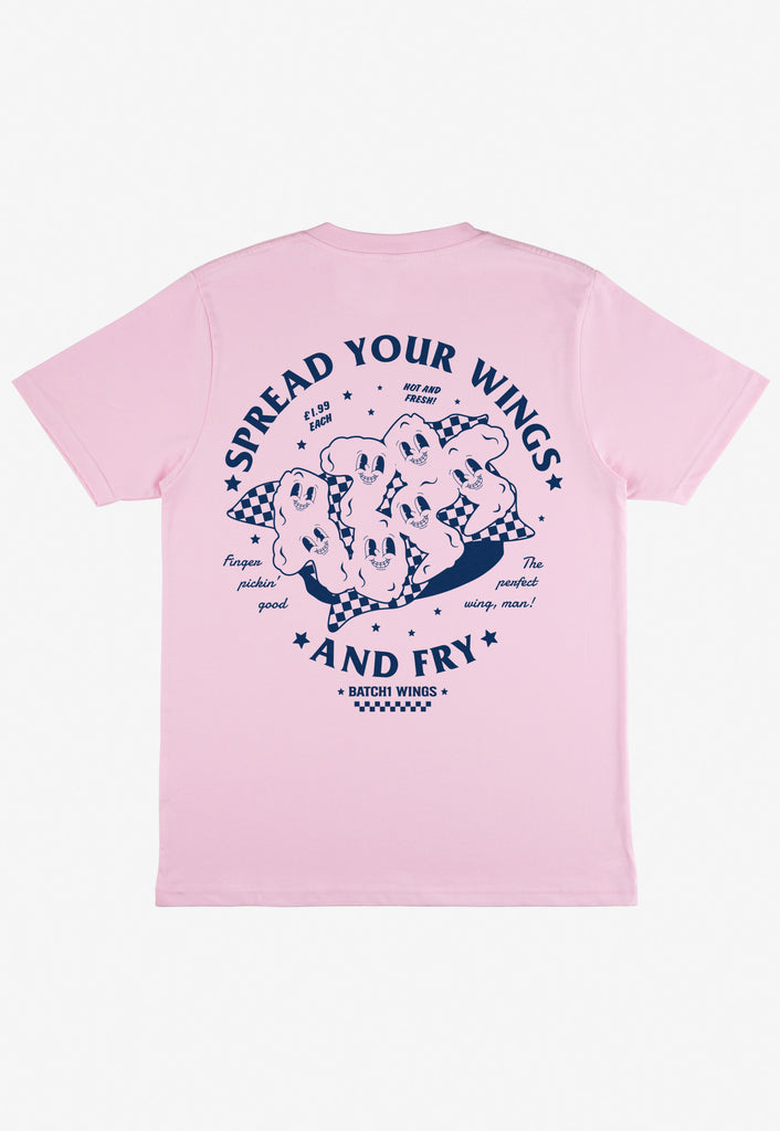 pink t shirt with large graphic back print of fun fried chicken wings logo and funny slogan