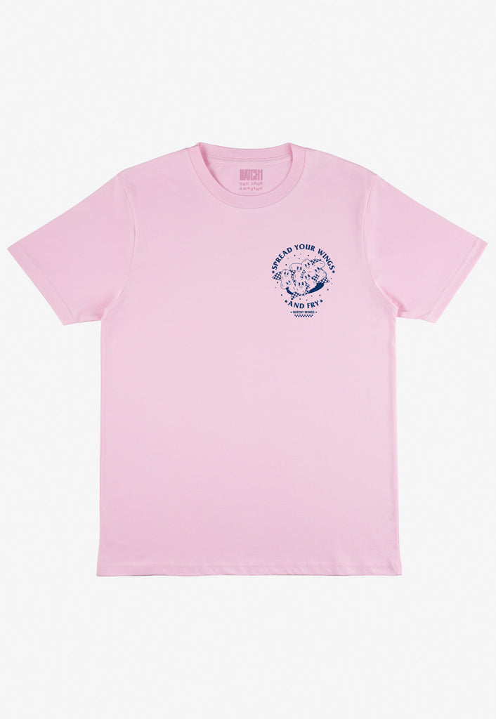 pink t shirt with small fried chicken wings logo in blue print to front left chest