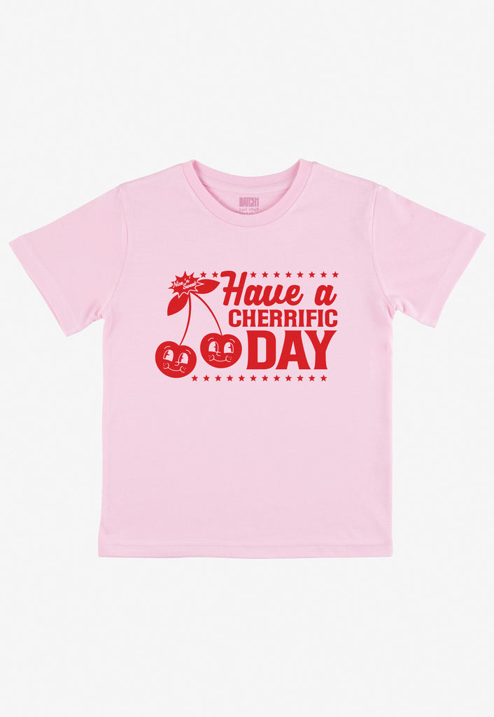 kids pink t shirt with red printed cute cherries graphic and positive slogan on front