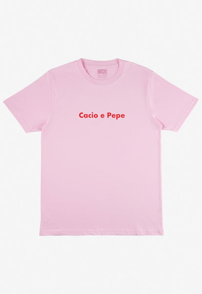 classic t shirt in pastel pink with small cacio e pepe pasta slogan in red print on front