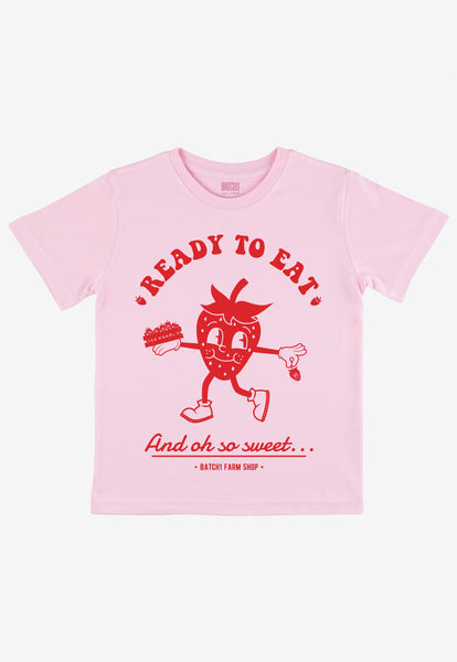 children's pink t shirt with cute strawberry character and Ready To Eat  slogan