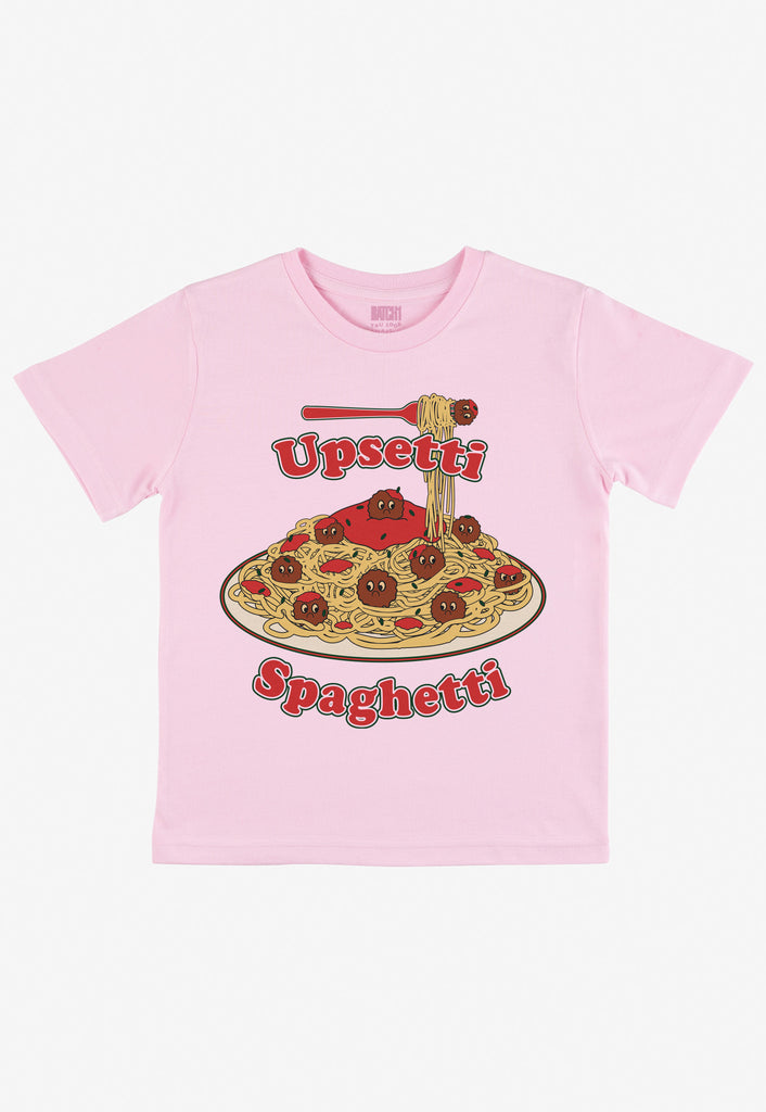kids upsetti spaghetti sad face meatballs slogan printed tshirt in pink