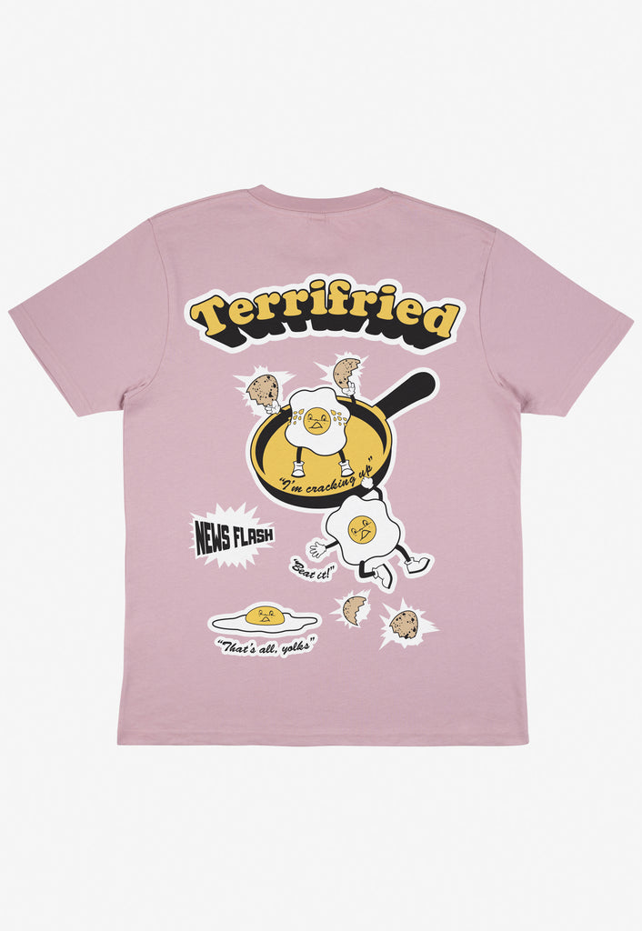 Purple t-shirt with large back print featuring vintage style fried egg graphics and Terrifried slogan