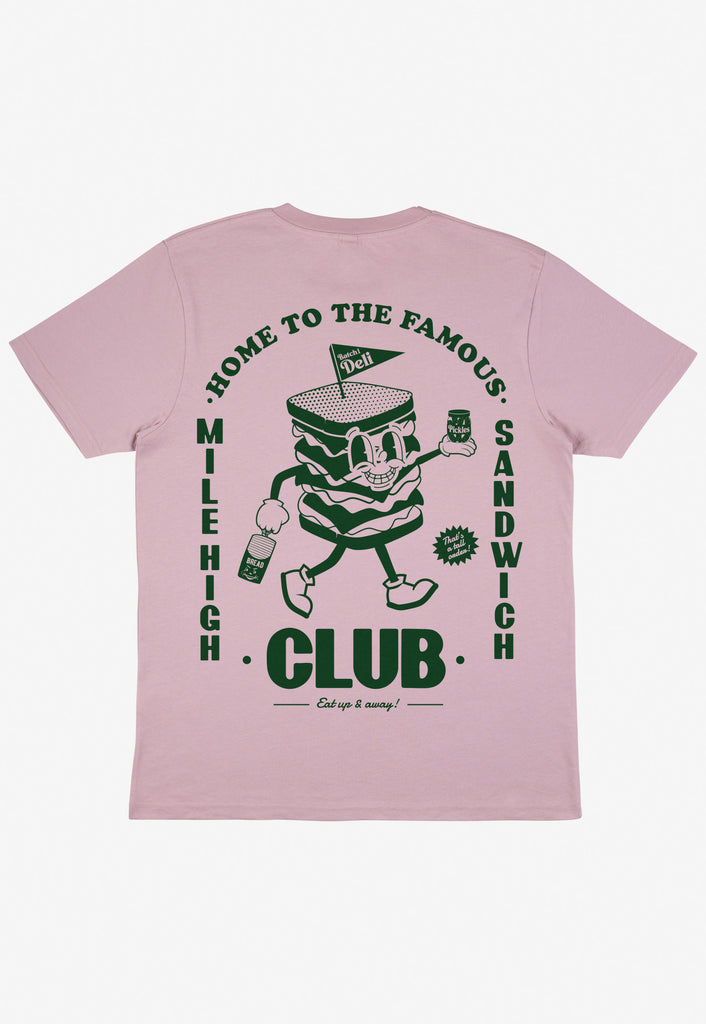 purple t shirt with large back print showing sandwich club character graphic and deli slogan