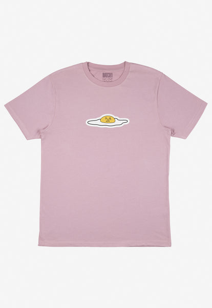 Purple t-shirt with small fried egg character logo print in centre