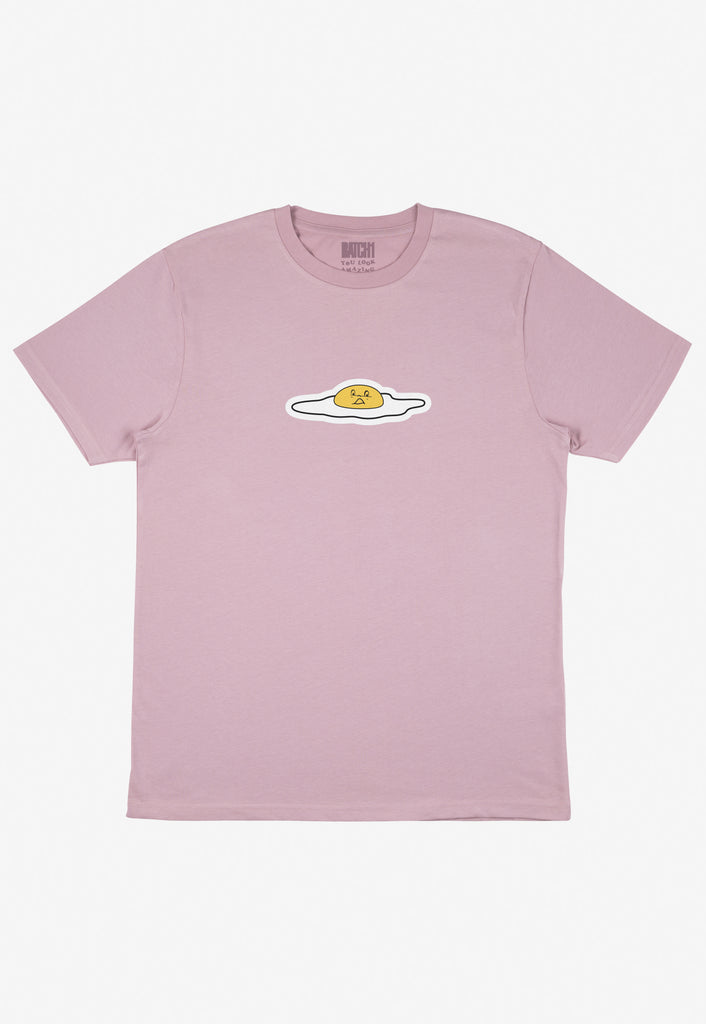 Purple t-shirt with small fried egg character logo print in centre