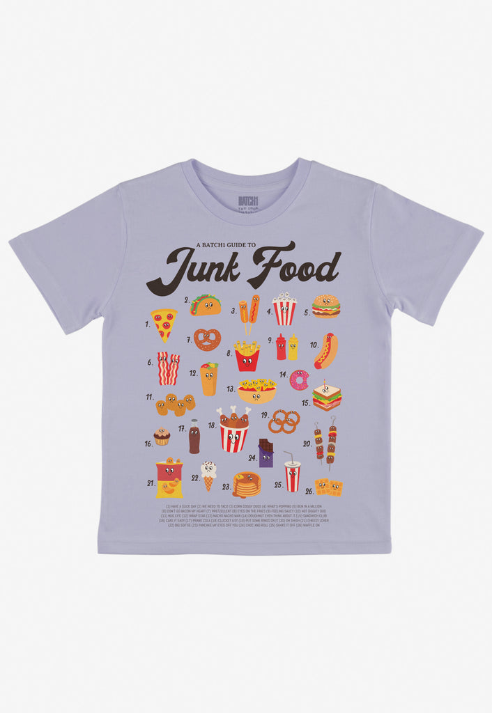 kids pastel purple t-shirt with guide to fast food and cute illustrated junk food characters