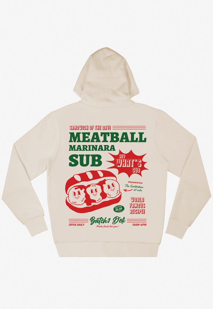 flatlay of large back print vintage style poster of meatball subs graphic hoodie in vanilla