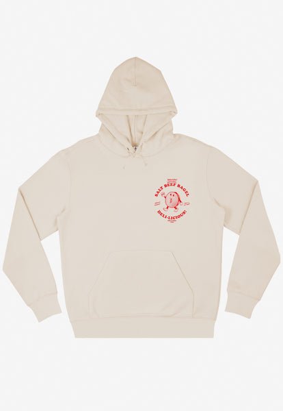 Vanilla unisex hoodie with small front salt beef bagel logo and bagel character in red print