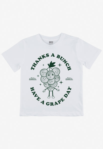 Kids white tshirt with bunch of grapes character slogan 