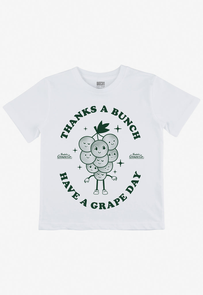 Kids white tshirt with bunch of grapes character slogan 