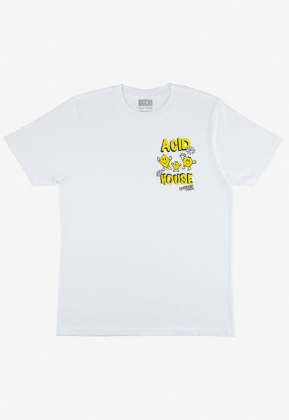 white t shirt with acid house logo and yellow lemon fruit graphics printed front left chest 