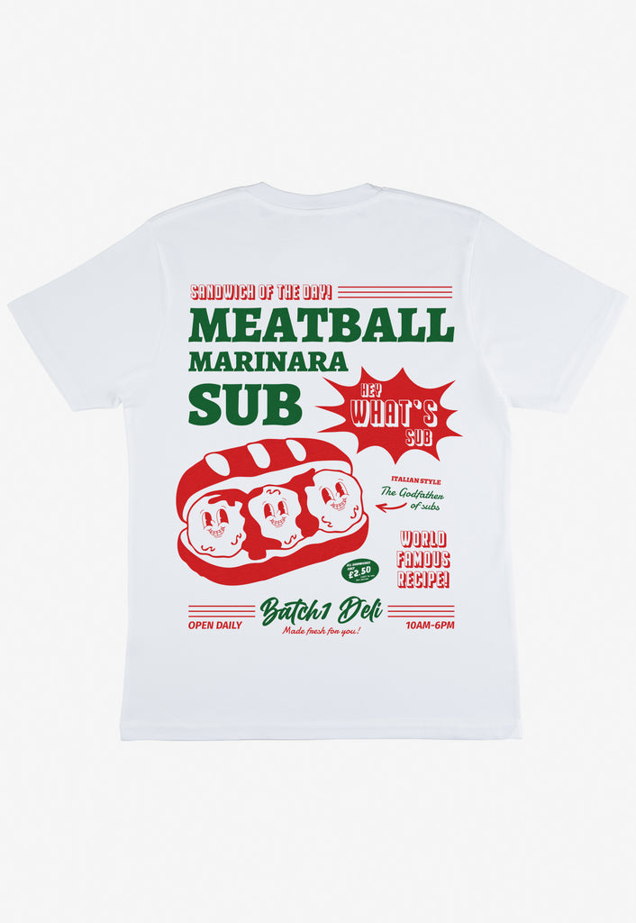 flatlay of large vintage style meatball subs poster print tshirt in white