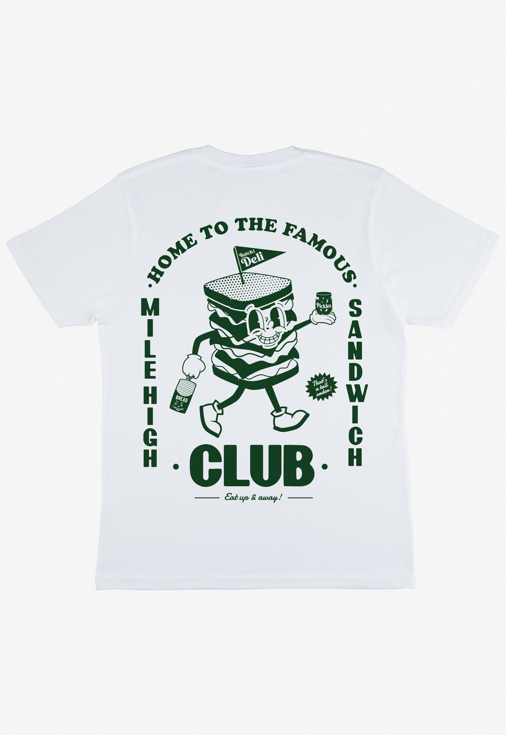 white t shirt with large back print showing vintage style sandwich character graphic and mile high sandwich club logo
